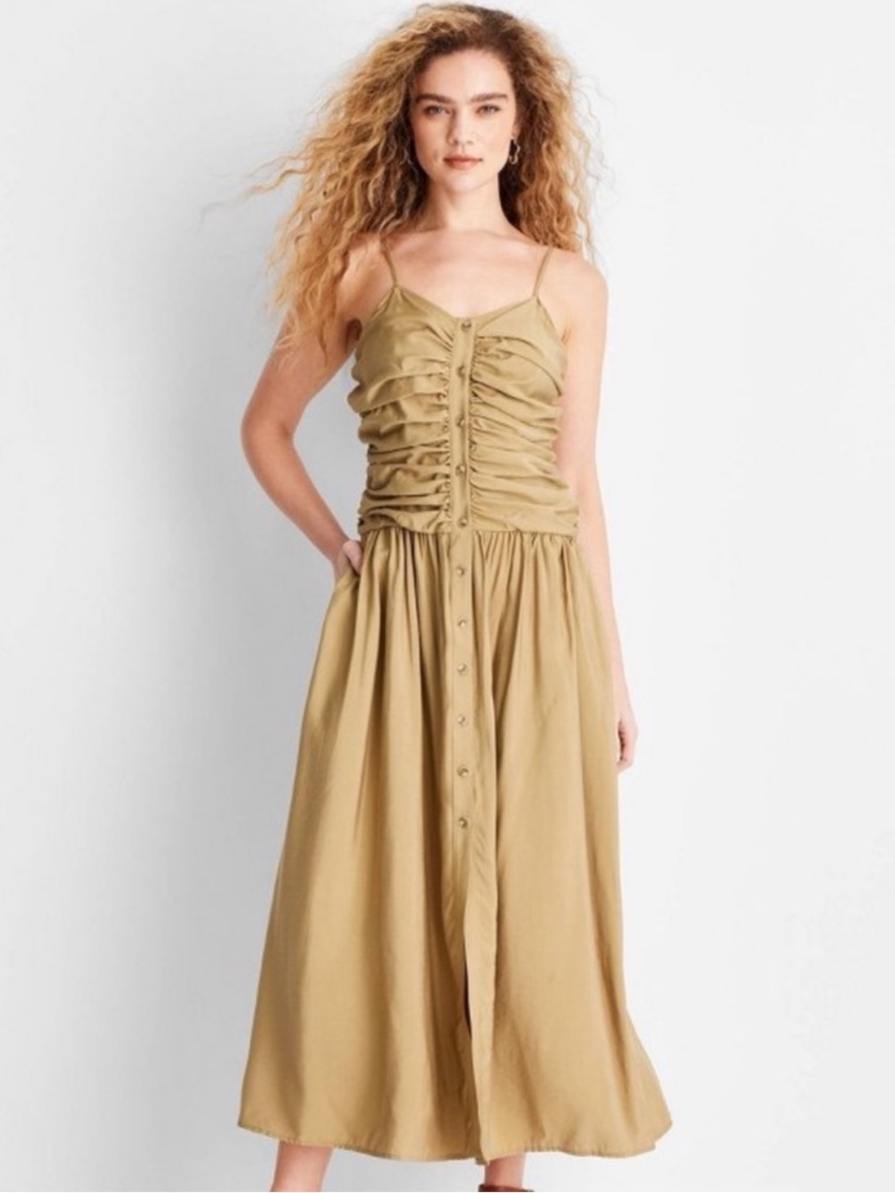 Ruched Button-Front Midi Dress in Tan